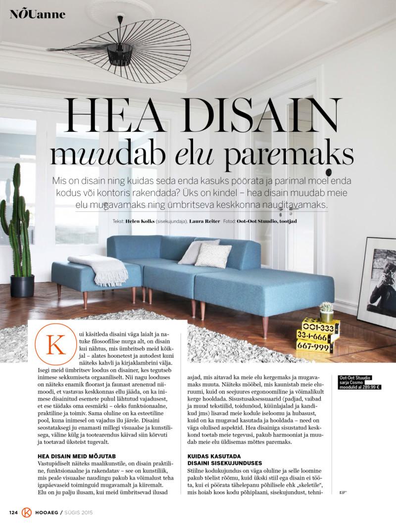 Advertisement where Oot-Oot Studio furniture blue modular sofa is used. Eesti disaini artikkel Kaubamaja ajakirjas Hooaeg, kus on kasutatud Oot-Oot Stuudio mööblit mooduldiivan.
